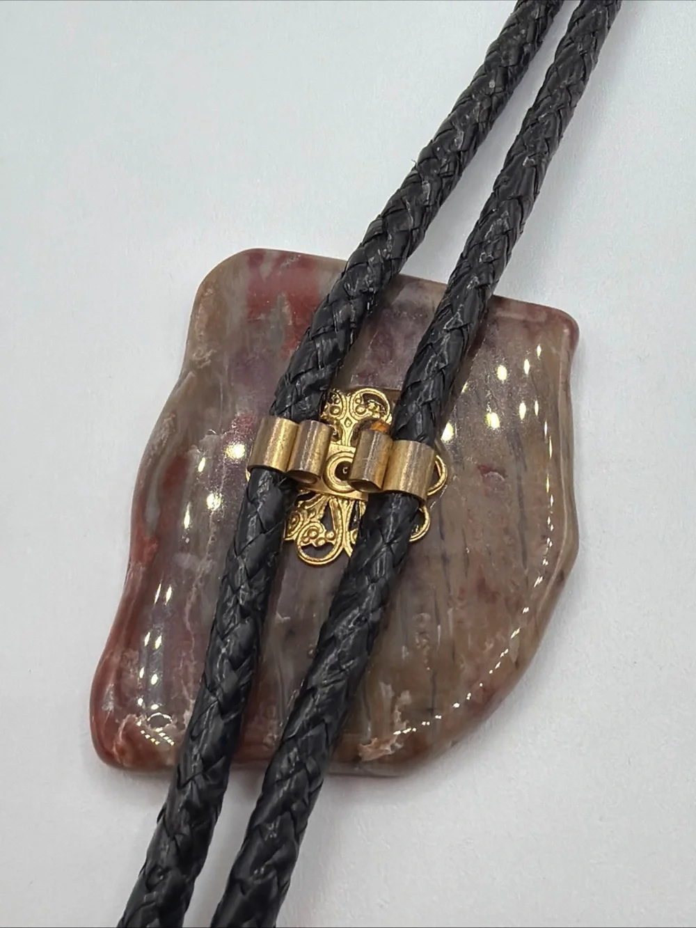 Vintage Western Natural Polished Jasper Stone Bolo Tie and Tips w/ Leather Cord